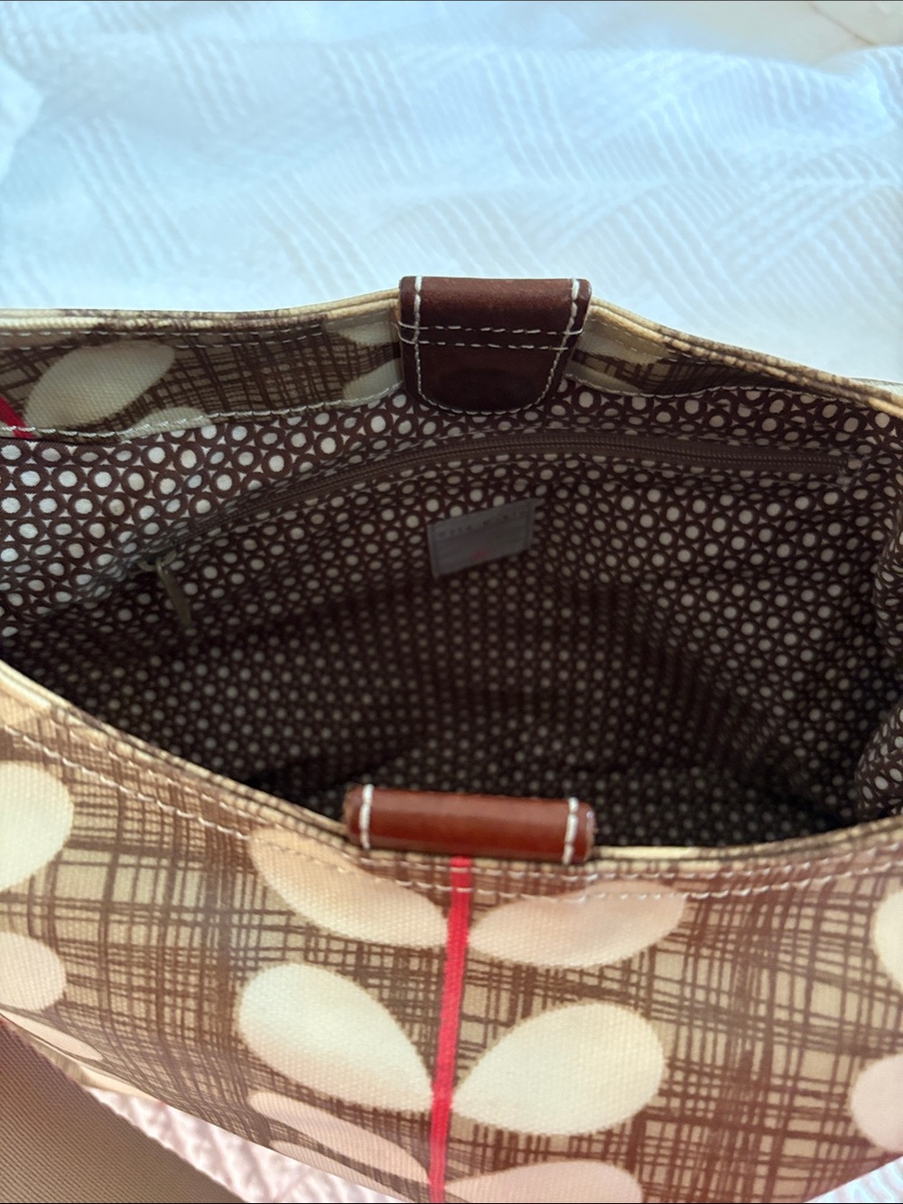 Orla Kiely Brown and Cream Stem-Print Hobo with Red Trim - Picture 3 of 4